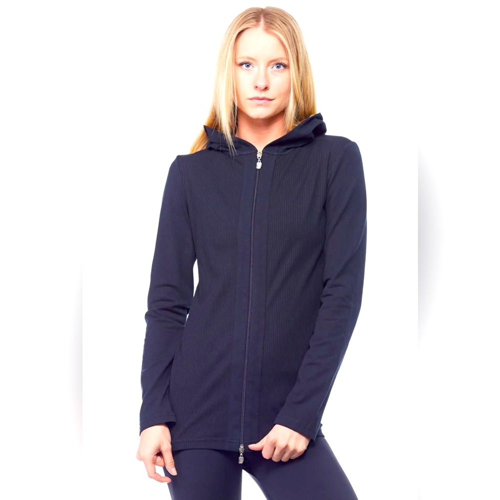 BRAND NEW W TAGS Sandra McCray Long Hooded Yoga Front-Zip Jacket, Black, size XL